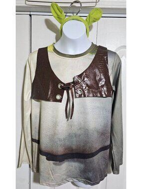Shrek Ogre Monster Costume Kids 10-12 Tunic Shirt Vest Ears Halloween Movie NEW